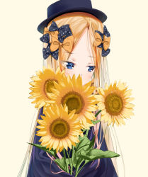 Rule 34 | abigail williams (fate), black bow, black dress, black hat, blonde hair, blue eyes, bow, breasts, dress, fate/grand order, fate (series), flower, forehead, hair bow, hat, looking to the side, multiple bows, orange bow, parted bangs, polka dot, polka dot bow, ribbed dress, sakazakinchan, sleeves past fingers, sleeves past wrists, small breasts, solo, sunflower