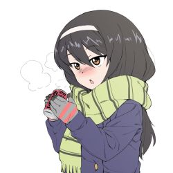 Rule 34 | 1girl, black hair, blue coat, blush, breath, brown eyes, can, chestnut mouth, coat, commentary, drink can, enpera, fringe trim, girls und panzer, gloves, green scarf, grey gloves, hair between eyes, hairband, highres, holding, holding can, long hair, long sleeves, onsen tamago (hs egg), open mouth, reizei mako, scarf, simple background, soda can, solo, striped clothes, striped gloves, striped scarf, upper body, white background, white hairband
