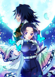 Rule 34 | 1boy, 1girl, back-to-back, belt, belt buckle, black hair, black jacket, blue eyes, breasts, buckle, bug, butterfly, butterfly hair ornament, buttons, closed mouth, commentary request, forehead, glowing, gradient hair, hair ornament, haori, high-waist pants, highres, insect, jacket, japanese clothes, katana, kimetsu no yaiba, kochou shinobu, large breasts, lips, long hair, long sleeves, looking at viewer, looking away, looking to the side, moon, multicolored hair, open clothes, outdoors, pants, purple eyes, purple hair, scabbard, sheath, sheathed, short hair, smile, sword, tomioka giyuu, tsurugi hikaru, two-tone hair, uniform, weapon, white belt