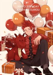 Rule 34 | 1boy, balloon, black pants, blush, boku no hero academia, box, character name, closed eyes, collared shirt, confetti, donnaoneone, gift, gift box, happy birthday, highres, kirishima eijirou, looking at another, looking at viewer, male focus, necktie, pants, red eyes, red hair, red shirt, sharp teeth, shirt, short hair, sitting, smile, solo, stuffed animal, stuffed dragon, stuffed toy, teeth