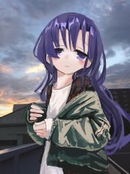 Rule 34 | 1girl, absurdres, bad id, bad twitter id, blue sky, blush, closed mouth, gishiki (gshk), goshiki agiri, green jacket, highres, jacket, kill me baby, long sleeves, looking at viewer, open clothes, open jacket, purple eyes, purple hair, shirt, sky, solo, standing, white shirt