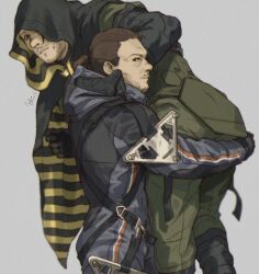 Rule 34 | 2boys, ass, black cape, black gloves, boots, brown hair, cape, carrying, carrying person, couple, death stranding, facial hair, gloves, goatee, grey background, hamms hamss, higgs (death stranding), highres, hood, hood down, hood up, hooded cape, male focus, mature male, multiple boys, mustache, ponytail, sam porter bridges, short hair, simple background, spacesuit, two-tone cape, yaoi, yellow cape