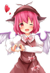 Rule 34 | 1girl, animal ears, bird wings, brown dress, dress, hat, heart, heart-shaped pupils, heart hands, highres, juliet sleeves, long sleeves, looking at viewer, mystia lorelei, one eye closed, open mouth, pink eyes, pink hair, puffy sleeves, shirt, simple background, smile, solo, symbol-shaped pupils, touhou, udongein, white background, wings, wink, yamato (muchuu paradigm)