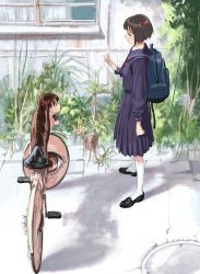 Rule 34 | 1girl, backpack, bad id, bad twitter id, bag, bicycle, black footwear, bow, brown eyes, brown hair, commentary request, day, eye contact, from side, grass, hair bow, hair ribbon, hand up, highres, hiramedousa, legs apart, loafers, long sleeves, looking at another, neckerchief, original, outdoors, parted lips, plant, pot, potted plant, profile, purple sailor collar, purple skirt, purple sweater, red bow, red neckerchief, red ribbon, ribbon, road, sailor collar, school uniform, serafuku, shoes, short hair, single eye, skirt, socks, standing, surreal, sweater, waving, what, white legwear