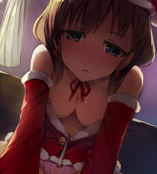 Rule 34 | 10s, 1girl, alternate costume, backlighting, bare shoulders, bell, blue eyes, blush, breasts, brown hair, cleavage, commentary request, curtains, daga kotowaru, dark, detached sleeves, downblouse, earrings, extended downblouse, heart, heart-shaped pupils, highres, idolmaster, idolmaster cinderella girls, jewelry, jingle bell, looking at viewer, no bra, sakuma mayu, santa costume, seneto, solo, symbol-shaped pupils