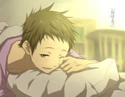 Rule 34 | 10s, 1boy, brown eyes, brown hair, fukube satoshi, hyouka, lying, male focus, messy hair, on stomach, pillow, rito453, short hair, solo, wink