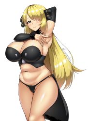 Rule 34 | 1girl, arm up, armpits, bare shoulders, black eyes, black panties, blonde hair, blush, breasts, cleavage, closed mouth, creatures (company), cynthia (pokemon), detached sleeves, female pubic hair, fur-trimmed sleeves, fur collar, fur trim, game freak, groin, highres, large breasts, legs, legs together, long hair, looking at viewer, navel, nintendo, panties, pokemon, pokemon (game), pokemon dppt, pubic hair, pubic hair peek, revealing clothes, simple background, sole gem, solo, standing, stomach, thighs, tsurime, underwear, very long hair, white background