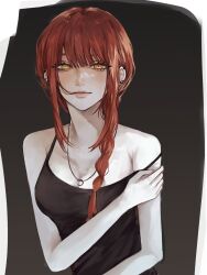 Rule 34 | 1girl, bare shoulders, black camisole, braid, camisole, chainsaw man, closed mouth, ear piercing, eyelashes, hair between eyes, highres, inuo (inuo x), jewelry, long hair, looking at viewer, makima (chainsaw man), multiple piercings, necklace, off shoulder, piercing, red hair, ring, ring necklace, ringed eyes, side braid, sidelocks, solo, two-tone background, yellow eyes