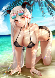 Rule 34 | 1girl, aegir (azur lane), alternate costume, azur lane, bad id, bad pixiv id, bare legs, bare shoulders, beach, bikini, black bikini, blush, breasts, cleavage, collarbone, commission, dragon horns, english text, eyewear on head, full body, highres, horns, kneeling, large breasts, legs, long hair, looking at viewer, multicolored hair, nail polish, necomilk, neconel, ocean, open mouth, orange eyes, palm tree, parted lips, red nails, sand, skeb commission, smile, solo, streaked hair, sunglasses, swimsuit, thighs, tree, very long hair, wet, white hair