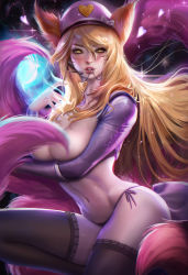 Rule 34 | 1girl, ahri (league of legends), alternate costume, animal ears, black thighhighs, blonde hair, blush, breasts, cleavage, covering privates, covering breasts, energy ball, facial mark, fox ears, fox tail, hat, headset, heart, highres, jewelry, league of legends, long hair, looking at viewer, mouth hold, navel, no bra, panties, peaked cap, pendant, popstar ahri, realistic, sakimichan, side-tie panties, solo, tail, thighhighs, thong, underwear, whisker markings, whiskers, yellow eyes