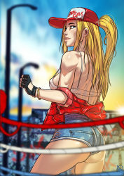 Rule 34 | 1girl, ass, back, baseball cap, black gloves, blonde hair, blue eyes, blurry, blurry background, bracelet, breasts, clothes writing, commentary, commentary typo, cowboy shot, denim, denim shorts, english commentary, english text, fatal fury, fine fabric emphasis, fingerless gloves, ganassa, genderswap, genderswap (mtf), gloves, hat, high-waist shorts, highres, jewelry, lips, long hair, looking back, medium breasts, micro shorts, nose, off shoulder, one side up, short shorts, shorts, snk heroines: tag team frenzy, solo, strap gap, terry bogard, toned, toon (style)