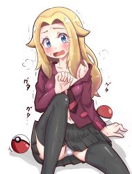 Rule 34 | 1girl, absurdres, artist request, belly, blonde hair, blue eyes, blush, creatures (company), eyebrows, game freak, highres, lass (pokemon), long hair, nintendo, open mouth, panties, poke ball, pokemon, pokemon swsh, shirt, simple background, skirt, solo, source request, stomach, underwear, white background