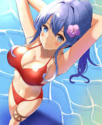 Rule 34 | 1girl, alternate costume, arms behind head, bikini, blue eyes, blue hair, blush, breasts, cleavage, commentary request, gotland (kancolle), kantai collection, large breasts, long hair, looking at viewer, mole, mole under eye, ponytail, red bikini, sidelocks, smile, solo, swimsuit, thigh strap, toyomi 13, water