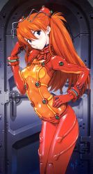 Rule 34 | 00s, 1girl, absurdres, adjusting hair, arched back, armpits, blue eyes, blush, bodysuit, bracer, breasts, clenched hand, clothes writing, covered navel, cowboy shot, door, english text, evangelion: 2.0 you can (not) advance, from side, gloves, groin, hair between eyes, hair ornament, hairpods, hand on own hip, hand up, head tilt, headgear, highres, interface headset, latex, leaning forward, legs together, lips, long hair, looking at viewer, multicolored clothes, neon genesis evangelion, official art, orange hair, parted lips, pilot suit, plugsuit, rebuild of evangelion, red bodysuit, red hair, sadamoto yoshiyuki, scan, see-through, see-through bodysuit, shiny clothes, signature, skin tight, skinny, small breasts, solo, souryuu asuka langley, standing, test plugsuit, turtleneck, twintails, two side up, very long hair, wide hips