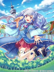 Rule 34 | 1girl, blue eyes, blue hair, cloud, copyright notice, day, food, hair ornament, ice cream, jumping, long hair, matching hair/eyes, midair, official art, open mouth, outdoors, outstretched hand, pink skirt, purple eyes, shina shina, sidelocks, skirt, solo, tenka touitsu chronicle, thighhighs, tower, white thighhighs