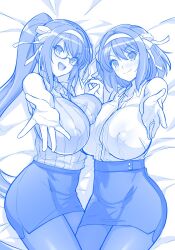 Rule 34 | 2girls, bespectacled, blue theme, breasts, collared shirt, covered erect nipples, dress shirt, dual persona, foreshortening, glasses, hairband, haruhisky, highres, large breasts, long hair, lying, monochrome, multiple girls, pantyhose, pencil skirt, reaching, reaching towards viewer, ribbed sweater, shirt, short hair, skirt, sleeveless, sleeveless sweater, suzumiya haruhi, suzumiya haruhi no shoushitsu, suzumiya haruhi no yuuutsu, sweater