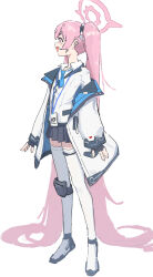 Rule 34 | 1girl, absurdres, black skirt, blue archive, blue necktie, collared shirt, fang, full body, halo, highres, hwoi (hw 123), id card, jacket, koyuki (blue archive), long hair, long sleeves, necktie, open clothes, open jacket, open mouth, pink eyes, pink hair, pink halo, pleated skirt, shirt, simple background, skin fang, skirt, smile, solo, thighhighs, twintails, white background, white jacket, white shirt, white thighhighs
