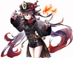Rule 34 | 1girl, black shorts, blush, breasts, brown hair, claw pose, coattails, collared coat, collared shirt, colored tips, daisx (dais0115), feet out of frame, flower-shaped pupils, genshin impact, hat, hat ornament, highres, hu tao (genshin impact), long hair, multicolored hair, one eye closed, ponytail, porkpie hat, red eyes, red shirt, shirt, shorts, solo, symbol-shaped pupils, talisman, twintails