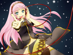 Rule 34 | 1girl, arufa (th bluerose), blue eyes, breasts, cable, commentary request, crop top, highres, long hair, looking at viewer, luka luka night fever (vocaloid), medium breasts, megurine luka, midriff, nail polish, navel, pink hair, pink nails, pointing, pointing at viewer, samfree (&quot;night&quot; songs), smile, solo, upper body, vocaloid