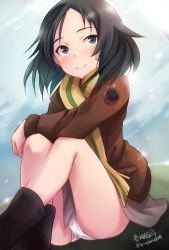 Rule 34 | 1girl, artist name, bandaid, bandaid on face, black eyes, black footwear, black hair, boots, brave witches, brown jacket, closed mouth, day, haruhata mutsuki, jacket, kanno naoe, long sleeves, looking at viewer, military, military uniform, no pants, outdoors, panties, pantyshot, scarf, short hair, signature, sitting, smile, solo, striped clothes, striped scarf, twitter username, underwear, uniform, white panties, world witches series