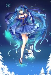 Rule 34 | 1girl, absurdres, artist name, bad id, bad pixiv id, blue dress, blue eyes, blue footwear, blue gloves, blue hair, blue scarf, choker, closed mouth, collarbone, commentary request, constellation print, detached sleeves, dress, fingerless gloves, full body, gloves, glowing, hair between eyes, hair ornament, hair ribbon, hairclip, hand up, hatsune miku, highres, holding, holding wand, leg up, long hair, looking at viewer, night, night sky, pine tree, print dress, rabbit, ribbon, ribbon choker, scarf, shoes, short dress, silhouette, sky, smile, snow rabbit, snowflake hair ornament, snowflakes, star (sky), star (symbol), star hair ornament, star print, starry sky, striped ribbon, thigh strap, tree, very long hair, vocaloid, wand, wide sleeves, yuki miku, yurumawari