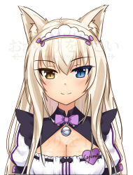 Rule 34 | 10s, 1girl, animal ears, bell, blonde hair, blue eyes, bow, bowtie, breasts, cat ears, character name, cleavage, cleavage cutout, clothing cutout, coconut (nekopara), commentary, cowfee, eyes visible through hair, heterochromia, jingle bell, long hair, looking at viewer, maid, maid headdress, name tag, nekopara, puffy short sleeves, puffy sleeves, purple bow, purple bowtie, ribbon-trimmed clothes, ribbon trim, short sleeves, simple background, slit pupils, smile, solo, watermark, white background, yellow eyes