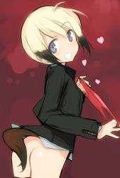 Rule 34 | 1girl, ass, blonde hair, blue eyes, blush, erica hartmann, heart, looking back, no panties, open mouth, panties, red panties, shimada fumikane, short hair, smile, solo, strike witches, tail, teeth, thighs, underwear, world witches series