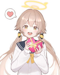 Rule 34 | 1girl, blonde hair, blue archive, blush, bow, bowtie, box, brown eyes, cardigan, commentary request, hair bow, halo, heart, heart-shaped box, hifumi (blue archive), holding, holding box, korean commentary, long hair, long sleeves, looking at viewer, low twintails, open mouth, prock, school uniform, serafuku, smile, solo, spoken heart, twintails, upper body, very long hair, wing hair ornament