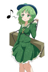 Rule 34 | 1girl, :d, blue hat, box, breasts, camouflage, camouflage headwear, camouflage jacket, camouflage skirt, cato (monocatienus), cowboy shot, eighth note, flat cap, green eyes, green hair, green jacket, green skirt, hat, highres, jacket, key, long sleeves, medium breasts, medium hair, musical note, open mouth, shirt, short hair, simple background, skirt, smile, solo, spoken musical note, standing, touhou, white background, yamashiro takane