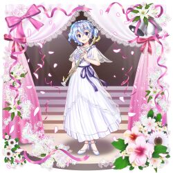 Rule 34 | 1girl, absurdres, alternate costume, bell, blue eyes, blue hair, commentary, curtains, dress, english commentary, flower, flute, full body, game cg, high heels, highres, holding, holding instrument, instrument, jewelry, light blue hair, looking at viewer, merlin prismriver, merlin prismriver (white flutist), necklace, open mouth, petals, rotte (1109), second-party source, short hair, solo, touhou, touhou lostword, white dress, white flower, white footwear