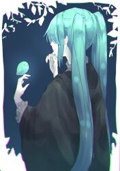 Rule 34 | . ., 2girls, aqua feathers, aqua hair, artist name, back, bird, bird on hand, black cloak, blue background, branch, chromatic aberration, cloak, collar, commentary, eve moonlit, evil smile, evillious nendaiki, foliage, frilled collar, frilled cuffs, frills, hand on own chin, hatsune miku, highres, hood, hooded cloak, leaf, long hair, michaela (evillious nendaiki), multiple girls, pale skin, robin (animal), signature, smile, solid circle eyes, stroking own chin, tomari drew, twintails, very long hair, vocaloid