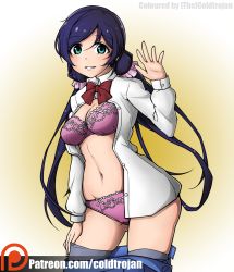 Rule 34 | 10s, 1girl, blue eyes, blush, bow, bow bra, bra, clothes pull, coldtrojan, cowboy shot, crotch seam, dress shirt, hand on own thigh, highres, light smile, lineart, long hair, long sleeves, looking at viewer, love live!, love live! school idol project, matching hair/eyes, miniskirt, navel, open clothes, open shirt, open skirt, panties, parted lips, pink bra, pleated skirt, purple hair, school uniform, shirt, simple background, skindentation, skirt, skirt pull, skull573, solo, standing, sukaru573, swept bangs, thighhighs, tojo nozomi, twintails, underwear, waving