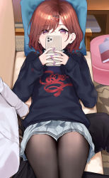 Rule 34 | 1boy, 1girl, black pantyhose, blue shirt, cellphone, commentary request, covered mouth, fingernails, hair ornament, hairclip, highres, higuchi madoka, holding, holding phone, idolmaster, idolmaster shiny colors, long sleeves, lying, lying on person, mirei, mole, mole under eye, nail polish, on back, paid reward available, pantyhose, phone, pink nails, plaid, plaid skirt, purple eyes, red hair, shirt, short hair, skirt, solo focus, white skirt