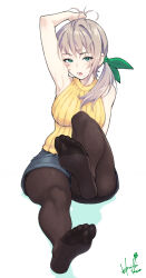 Rule 34 | 1girl, arm up, armpits, bare shoulders, blue shorts, blush, breasts, commentary request, dated, eyelashes, feet, fine fabric emphasis, foot up, green eyes, green ribbon, grey hair, hair ribbon, highres, hori shin, impossible clothes, knee up, large breasts, looking at viewer, mole, mole under mouth, on ground, open mouth, original, pantyhose, pantyhose under shorts, ponytail, ribbed sweater, ribbon, shadow, short shorts, shorts, signature, simple background, sitting, sleeveless, sleeveless sweater, soles, solo, sweater, thighband pantyhose, thighs, toes, white background