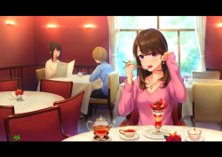 Rule 34 | 1boy, 2girls, arm up, black footwear, black hair, black pants, blue shirt, blush, breasts, brown hair, chair, collarbone, commentary request, cup, curtains, day, earrings, food, fruit, glint, hair bun, tucking hair, head tilt, high heels, holding, holding spoon, indoors, jewelry, letterboxed, light brown hair, long sleeves, looking at viewer, medium breasts, multiple girls, open mouth, original, pants, pendant, pink shirt, plate, purple eyes, restaurant, saucer, shirt, shouhei, sidelocks, signature, single hair bun, sitting, sleeves past wrists, solo focus, spoon, strawberry, sunlight, table, teacup, teeth, transparent, upper teeth only, wall lamp, window, yellow shirt
