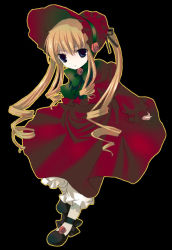 Rule 34 | 00s, 1girl, black background, blonde hair, blue eyes, bonnet, bow, bowtie, dress, flower, frills, full body, long hair, long sleeves, looking at viewer, mary janes, namori, red dress, rose, rozen maiden, shinku, shoes, sidelocks, simple background, solo, standing, twintails