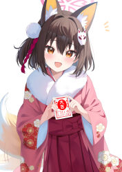 Rule 34 | 1girl, absurdres, animal ear fluff, animal ears, blue archive, blush, fang, floral print kimono, fox ears, fox girl, fox hair ornament, fox tail, fur-trimmed kimono, fur trim, hair ornament, hakama, hakama skirt, halo, hands up, highres, izuna (blue archive), japanese clothes, kimono, looking at viewer, notice lines, open mouth, pink halo, pink kimono, pom pom (clothes), pom pom hair ornament, red skirt, rei (ilust9999), short hair, skin fang, skirt, smile, solo, tail, tail wagging, white background