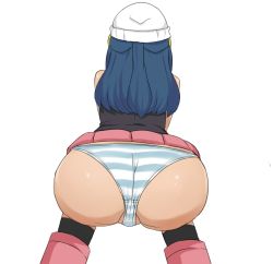 Rule 34 | 1girl, ass, beanie, blue hair, creatures (company), dawn (pokemon), from behind, game freak, hat, huge ass, miniskirt, nintendo, panties, partially visible vulva, pokemon, pokemon (anime), pov, rider 117, skirt, solo, squatting, striped clothes, striped panties, underwear