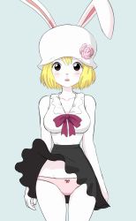 Rule 34 | 1girl, animal ears, bare shoulders, black skirt, blonde hair, blue background, blush, bow, bow panties, carrot (one piece), clothes lift, collarbone, flower, hat, hat flower, one piece, open mouth, panties, pantyshot, pink panties, rabbit ears, rabbit girl, rabbit nose, short hair, simple background, skirt, skirt lift, underwear, upskirt, wide hips
