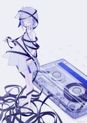Rule 34 | 1girl, absurdres, bare shoulders, barefoot, cassette tape, closed eyes, collar, detached collar, dress, fagun yibei, full body, highres, holding, original, short hair, simple background, solo, standing, tape, triangle hair ornament, white background, white collar, white dress, white hair