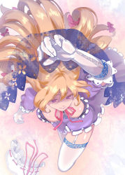 1girl bad_id bad_pixiv_id blonde_hair bow breasts elbow_gloves female_focus from_above garter_straps gloves hair_bow hat unworn_hat unworn_headwear highres large_breasts long_hair miso_ni purple_eyes ribbon smile solo thighhighs touhou white_gloves white_thighhighs yakumo_yukari