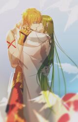 Rule 34 | 1boy, 1other, androgynous, chain, enkidu (fate), fate/strange fake, fate (series), glowing, glowing clothes, glowing eyes, green eyes, green hair, hair between eyes, highres, long hair, looking at viewer, male focus, robe, rrr (reason), shirt, smile, solo, upper body, very long hair, white robe, white shirt, yellow eyes