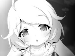 Rule 34 | 1girl, :o, ahoge, black background, blush, bow, collarbone, commentary, dress, greyscale, hair bow, hair flaps, highres, hosizora mikoto, idolmaster, idolmaster cinderella girls, idolmaster cinderella girls u149, looking at viewer, low twintails, medium hair, monochrome, pov, solo, steam, sweat, twintails, upper body, yusa kozue