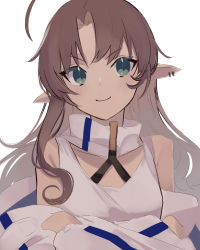 Rule 34 | 1girl, ahoge, arknights, bare shoulders, brown hair, closed mouth, collarbone, crossed arms, ear piercing, green eyes, highres, jacket, long hair, looking at viewer, myrtle (arknights), off shoulder, open clothes, open jacket, parted bangs, piercing, pointy ears, simple background, smile, solo, tank top, tetuw, v-shaped eyebrows, white background, white jacket, white tank top