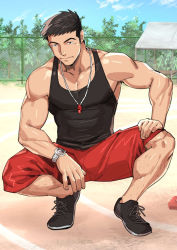 Rule 34 | 1boy, bara, black footwear, black hair, black tank top, closed mouth, cloud, day, ero condo, facial hair, highres, kienbiu, leg hair, looking at viewer, male focus, muscular, muscular male, nguyen hoan (ero condo), official art, outdoors, pov, red shorts, shoes, short hair, shorts, sky, sneakers, solo, squatting, tank top, watch, whistle, whistle around neck, wristwatch