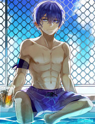 Rule 34 | 1boy, armband, blue male swimwear, blue sky, blue swim trunks, boku no hero academia, chain-link fence, collarbone, cup, day, drawstring, dripping, expressionless, fence, hair between eyes, hair down, holding, holding cup, long bangs, male focus, male swimwear, pool, pov, purple eyes, purple hair, purple shorts, shinsou hitoshi, short hair, shorts, sitting, sky, solo, swim trunks, swimsuit, tonbanlove, topless male, twitter username, water drop, wet, wet hair