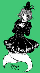 Rule 34 | 1girl, artist name, blush, closed mouth, cross-laced clothes, dress, ghost tail, gotou eight, green background, hair between eyes, hat, highres, juliet sleeves, long sleeves, monochrome, ofuda, ofuda on clothes, one-hour drawing challenge, puffy sleeves, short hair, simple background, smile, soga no tojiko, solo, tate eboshi, touhou, twitter username