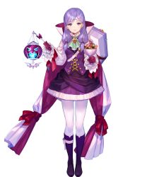 Rule 34 | 1girl, alternate costume, boots, breasts, buttons, candy, cape, detached sleeves, dress, fire emblem, fire emblem: path of radiance, fire emblem: radiant dawn, fire emblem heroes, food, full body, fuzichoco, gloves, halloween costume, highres, holding, ilyana (fire emblem), jewelry, knee boots, long hair, long sleeves, looking at viewer, medium breasts, nintendo, official art, pantyhose, parted lips, purple eyes, purple footwear, purple gloves, purple hair, short dress, skirt, smile, solo, transparent background, white pantyhose