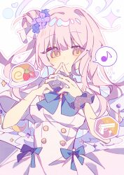 Rule 34 | 1girl, black scrunchie, blue archive, blue bow, blue bowtie, blush, bow, bowtie, buttons, cake, capelet, closed mouth, collared shirt, dot nose, double-breasted, eighth note, fingers to mouth, food, fruit, gameplay mechanics, hair bun, halo, heart, high-waist skirt, highres, long hair, looking at viewer, mika (blue archive), musical note, orange eyes, own hands together, pink hair, plate, scrunchie, sen (5710265), shirt, shirt tucked in, sidelocks, simple background, single side bun, skirt, sleeveless, sleeveless shirt, smile, solo, sparkle, spoken musical note, steepled fingers, strawberry, swiss roll, upper body, white background, white capelet, white shirt, white skirt, wrist scrunchie