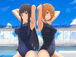 Rule 34 | 2girls, absurdres, arms behind head, black eyes, black hair, black one-piece swimsuit, blue sky, brown eyes, brown hair, chain-link fence, cloud, commentary request, competition swimsuit, covered navel, day, fence, highres, long hair, looking at viewer, lost p, multiple girls, one-piece swimsuit, original, outdoors, parted lips, pool, school swimsuit, sky, swimsuit
